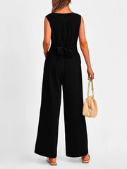 V-Neck Sleeveless Wide-Leg Jumpsuit with Waist Tie