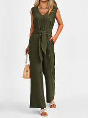V-Neck Sleeveless Wide-Leg Jumpsuit with Waist Tie