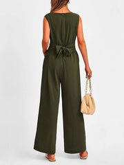 V-Neck Sleeveless Wide-Leg Jumpsuit with Waist Tie