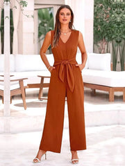 V-Neck Sleeveless Wide-Leg Jumpsuit with Waist Tie