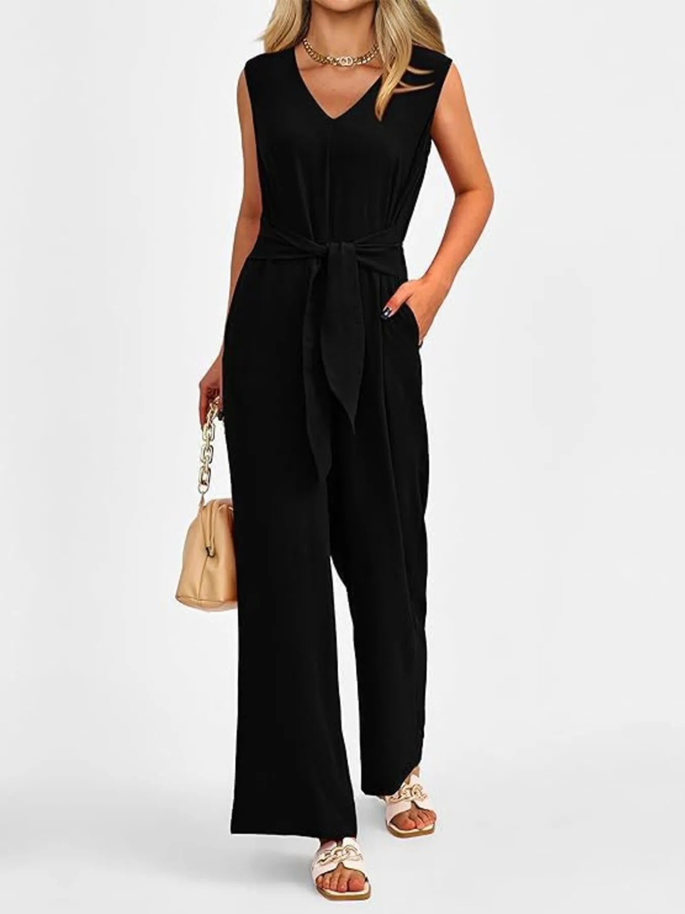 V-Neck Sleeveless Wide-Leg Jumpsuit with Waist Tie