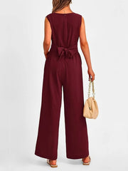 V-Neck Sleeveless Wide-Leg Jumpsuit with Waist Tie