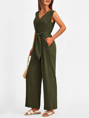 V-Neck Sleeveless Wide-Leg Jumpsuit with Waist Tie