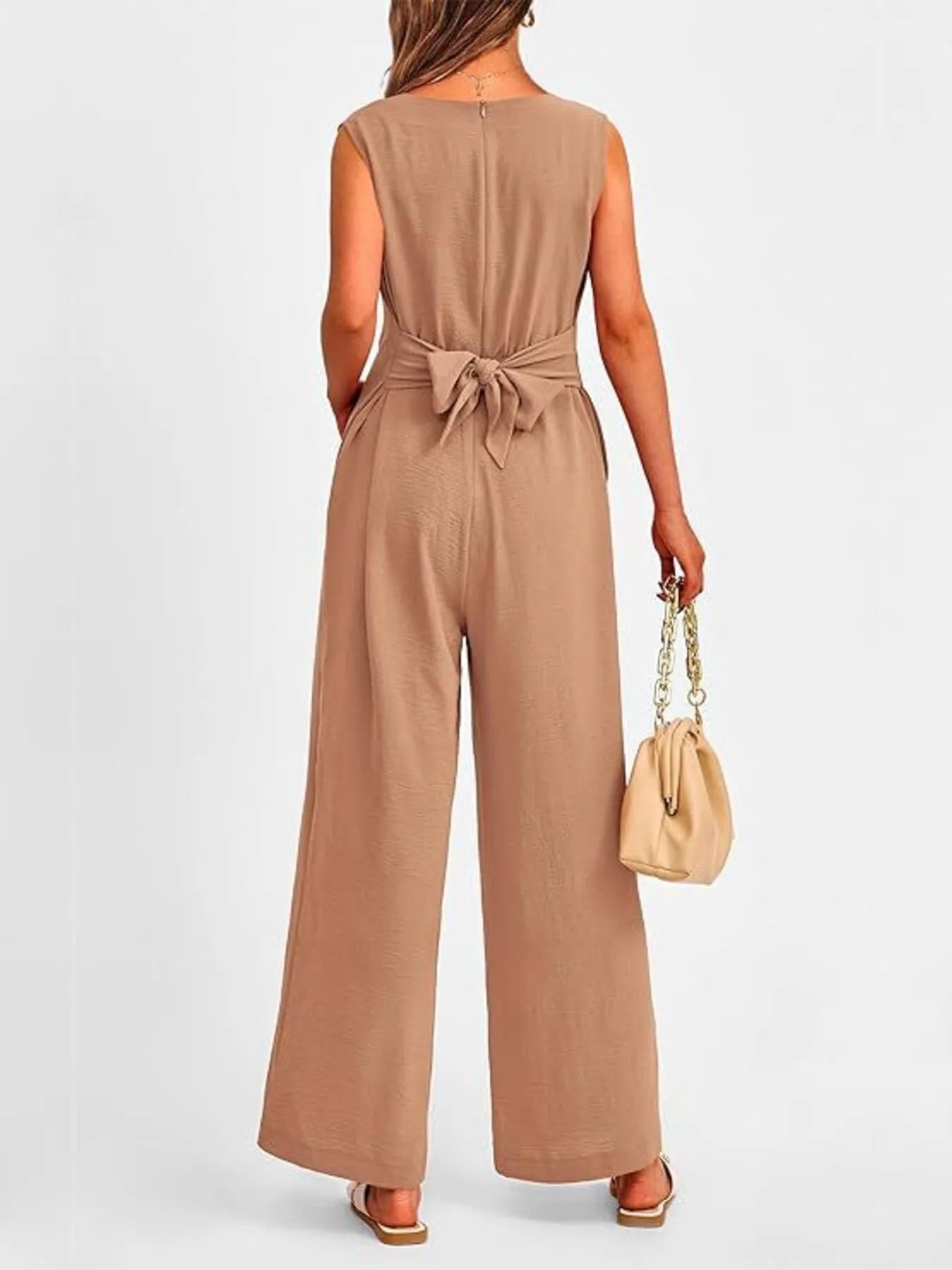 V-Neck Sleeveless Wide-Leg Jumpsuit with Waist Tie