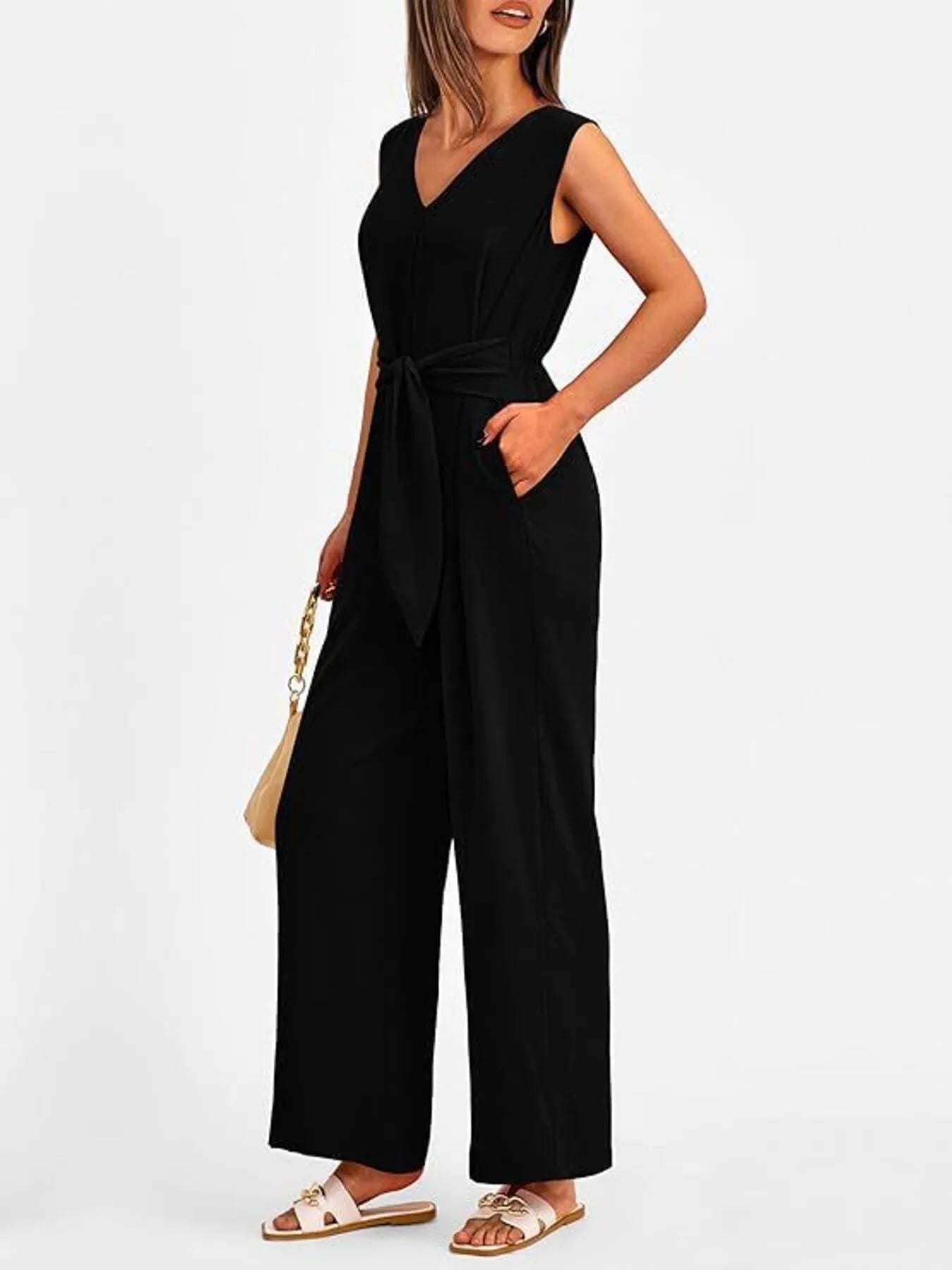 V-Neck Sleeveless Wide-Leg Jumpsuit with Waist Tie