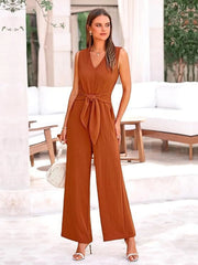 V-Neck Sleeveless Wide-Leg Jumpsuit with Waist Tie
