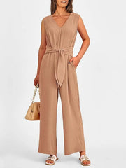 V-Neck Sleeveless Wide-Leg Jumpsuit with Waist Tie