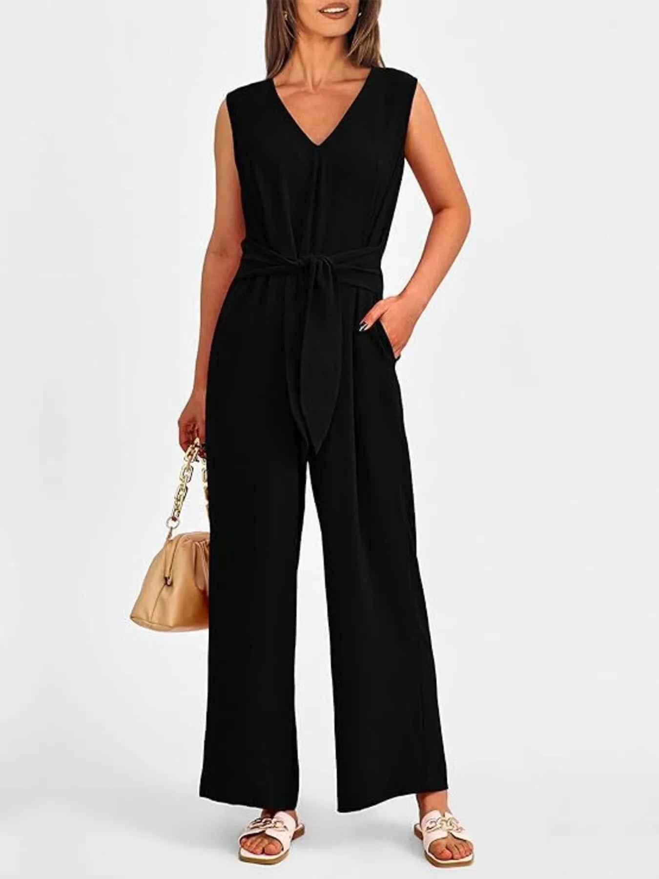V-Neck Sleeveless Wide-Leg Jumpsuit with Waist Tie Black / S