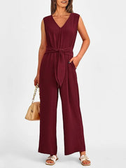 V-Neck Sleeveless Wide-Leg Jumpsuit with Waist Tie Burgundy / S