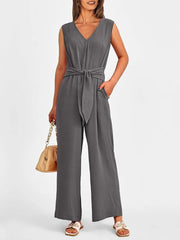 V-Neck Sleeveless Wide-Leg Jumpsuit with Waist Tie Grey / S