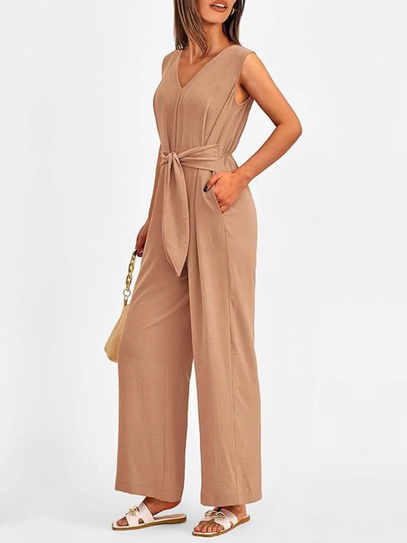V-Neck Sleeveless Wide-Leg Jumpsuit with Waist Tie Khaki / S