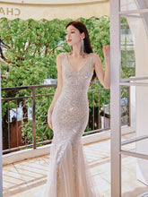 V-neck Sparkling Sequined Fishtail evening Dress S / Silver
