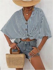 V-Neck Striped Batwing Sleeve Casual Blouse