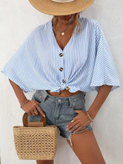 V-Neck Striped Batwing Sleeve Casual Blouse