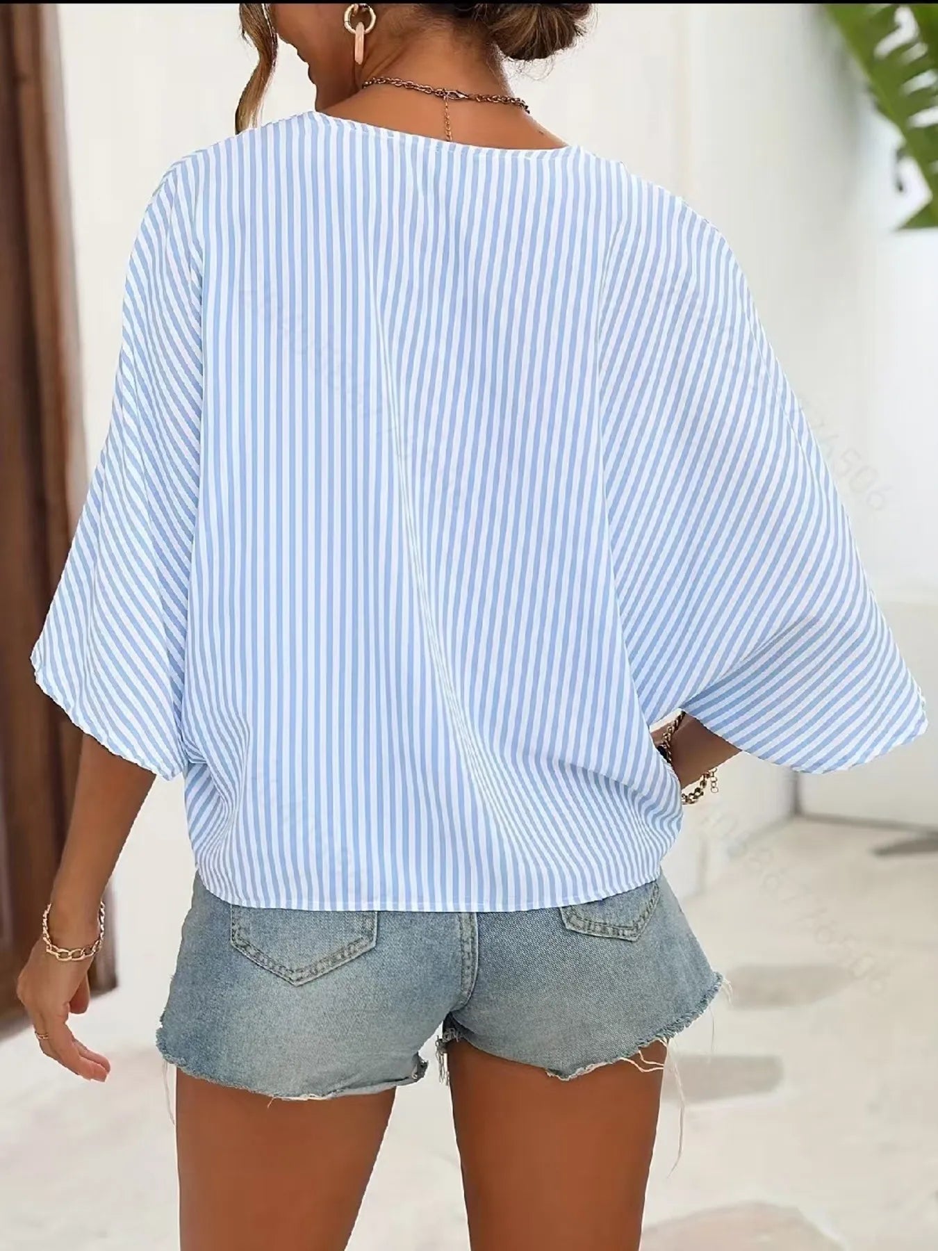 V-Neck Striped Batwing Sleeve Casual Blouse