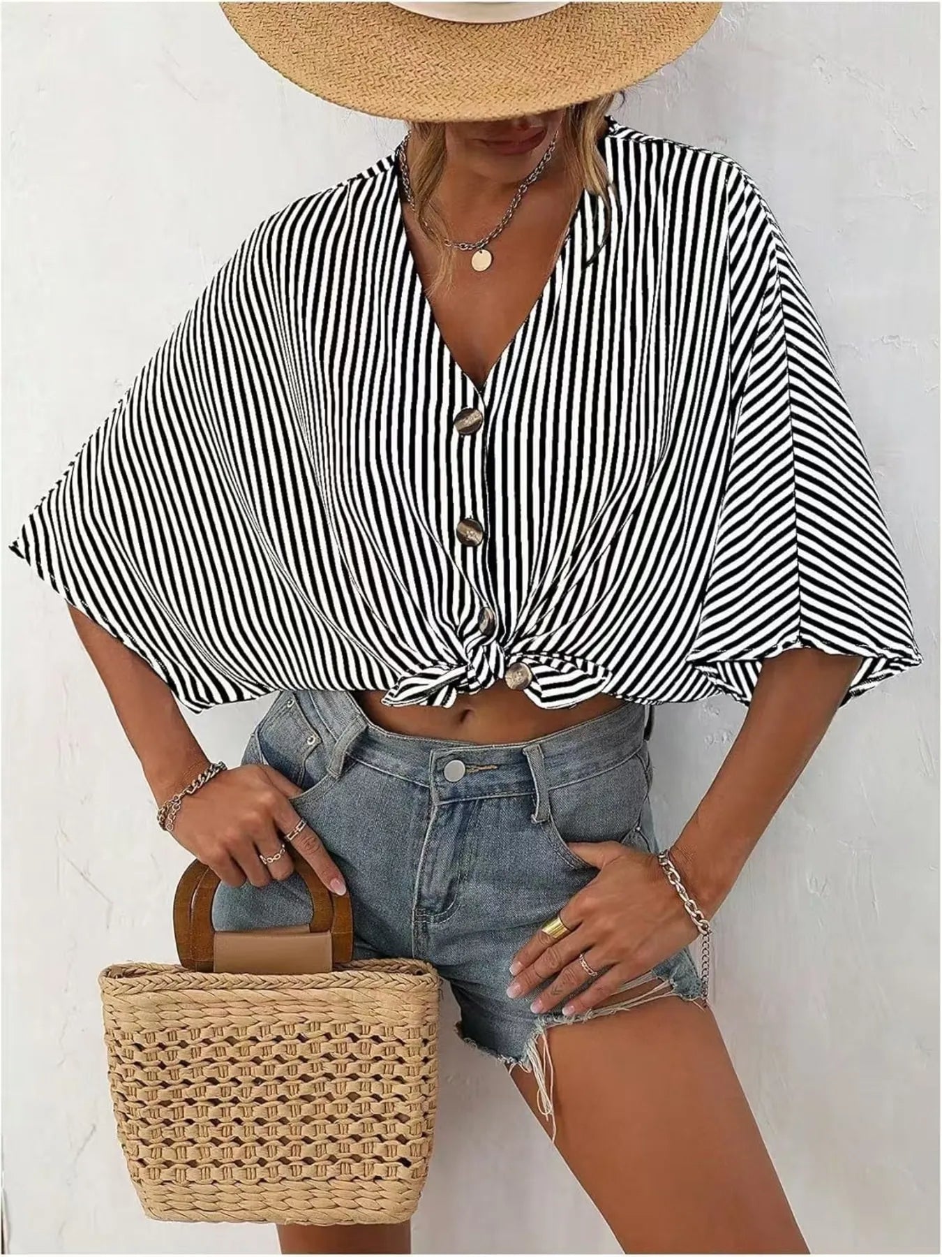 V-Neck Striped Batwing Sleeve Casual Blouse