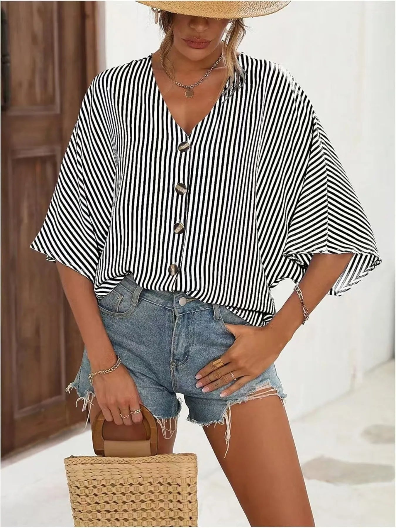 V-Neck Striped Batwing Sleeve Casual Blouse