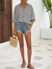 V-Neck Striped Batwing Sleeve Casual Blouse
