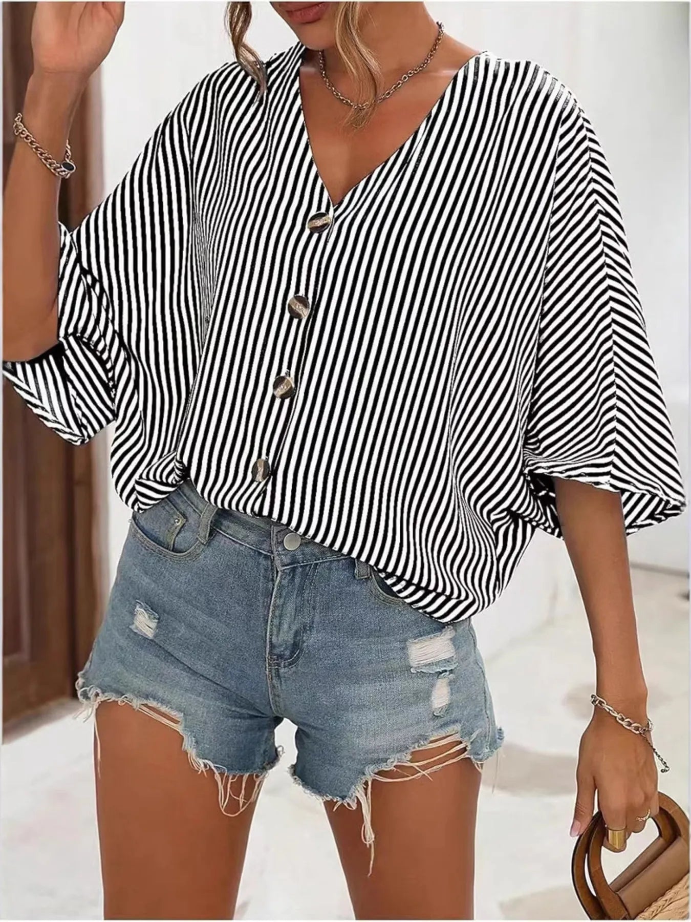V-Neck Striped Batwing Sleeve Casual Blouse Black / S