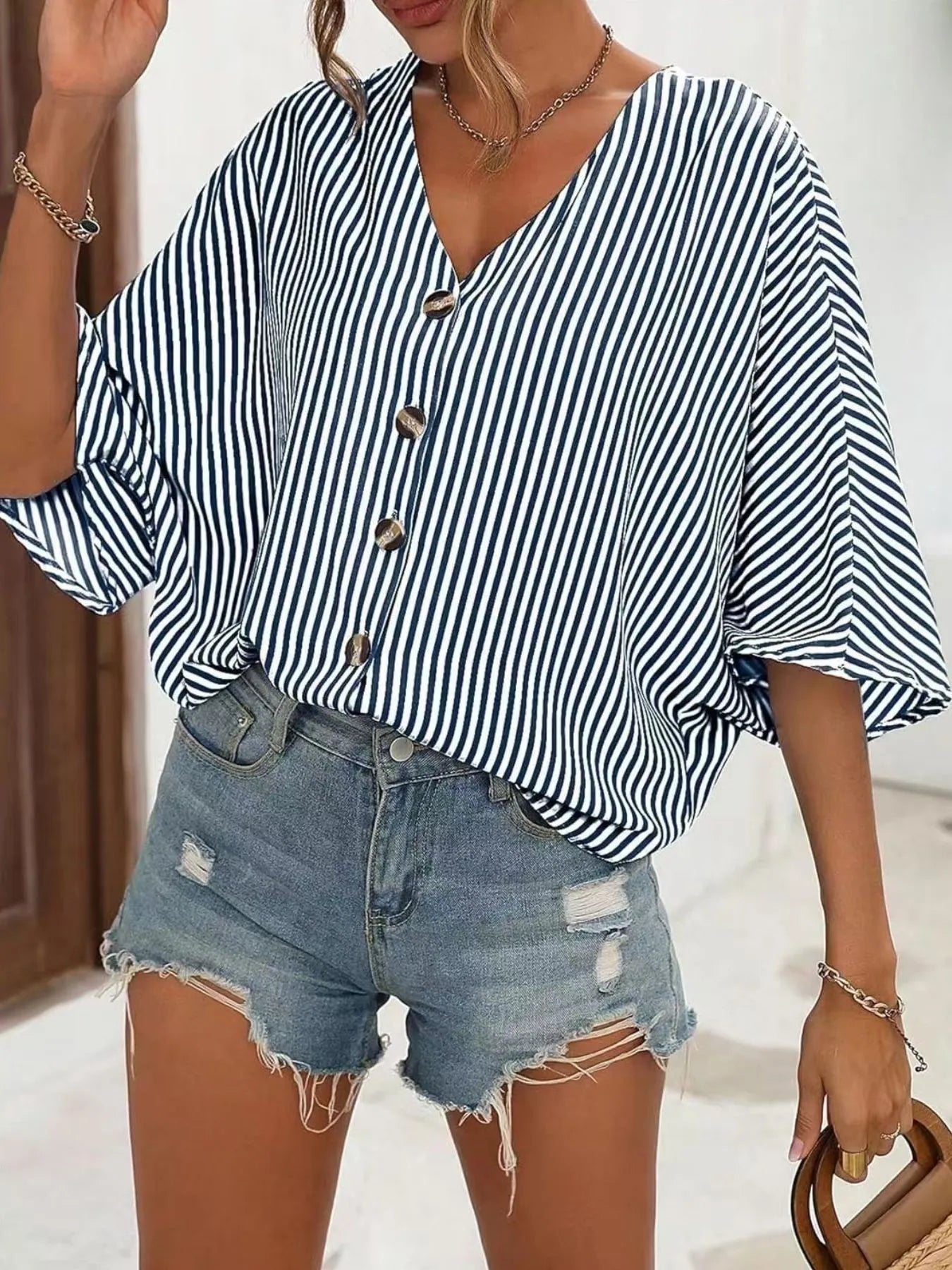 V-Neck Striped Batwing Sleeve Casual Blouse Dark Navy / S