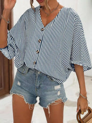 V-Neck Striped Batwing Sleeve Casual Blouse Dark Navy / S