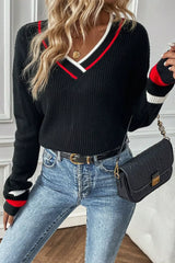 V-Neck Striped Trim Sweater