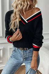 V-Neck Striped Trim Sweater Black / S