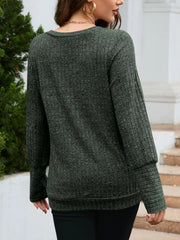 V-Neck Textured Knit Long Sleeve T-Shirt