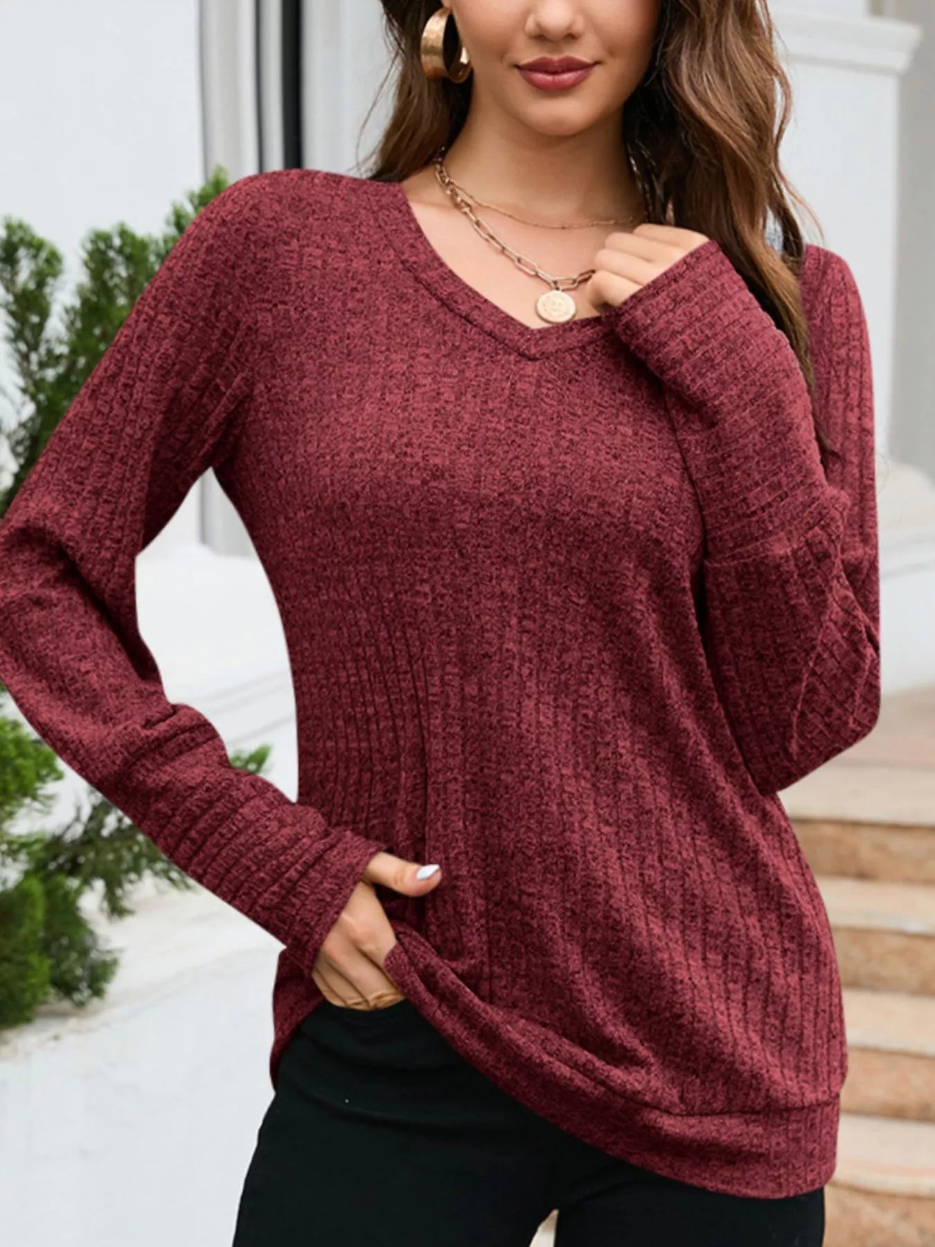 V-Neck Textured Knit Long Sleeve T-Shirt