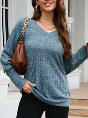 V-Neck Textured Knit Long Sleeve T-Shirt