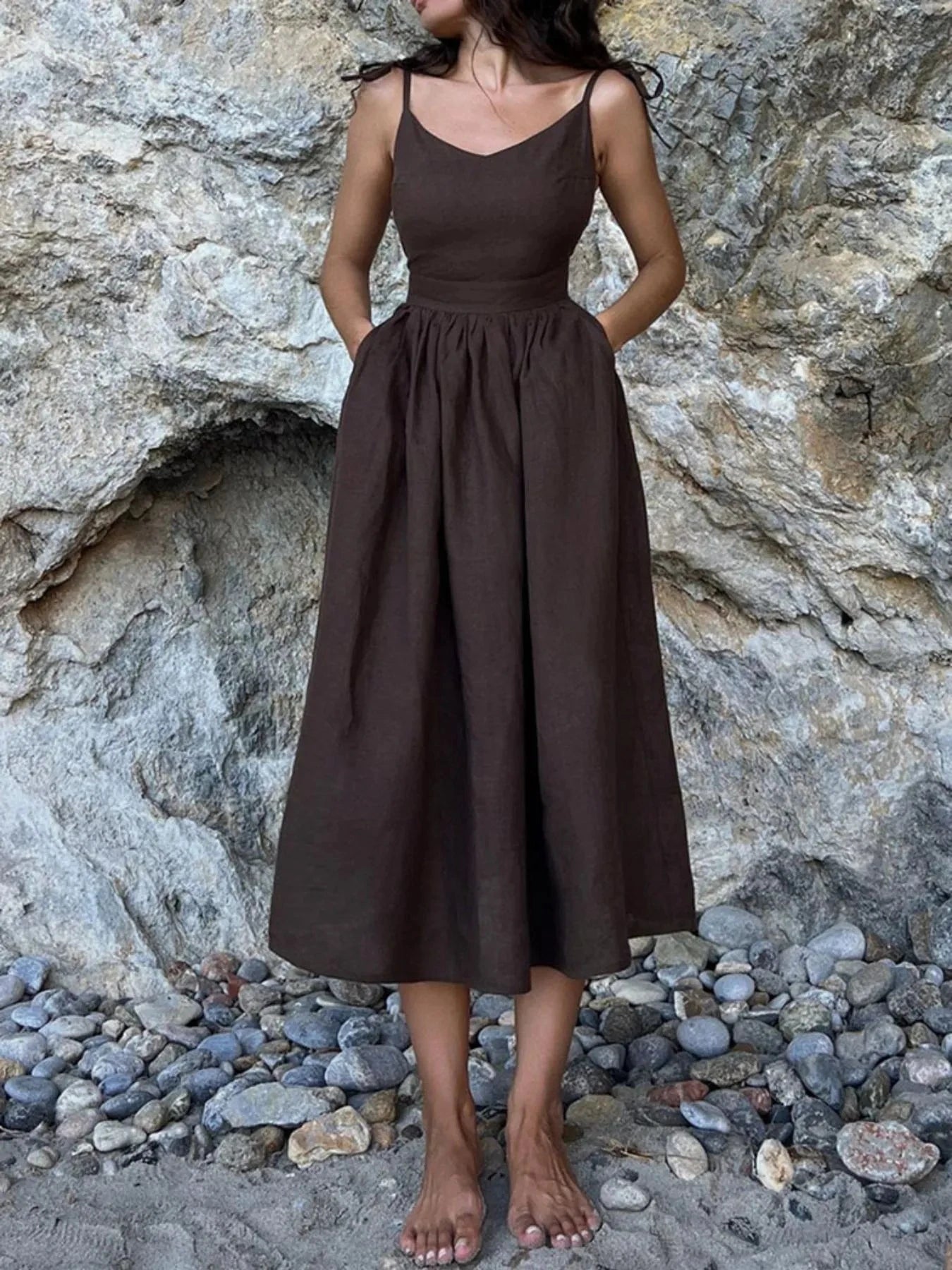 V-Neck Tie Shoulder Maxi Dress