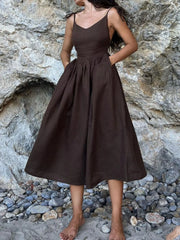 V-Neck Tie Shoulder Maxi Dress Coffee Color / XS