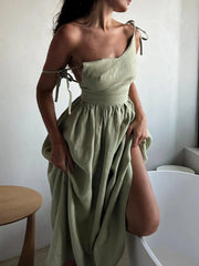 V-Neck Tie Shoulder Maxi Dress Green / XS