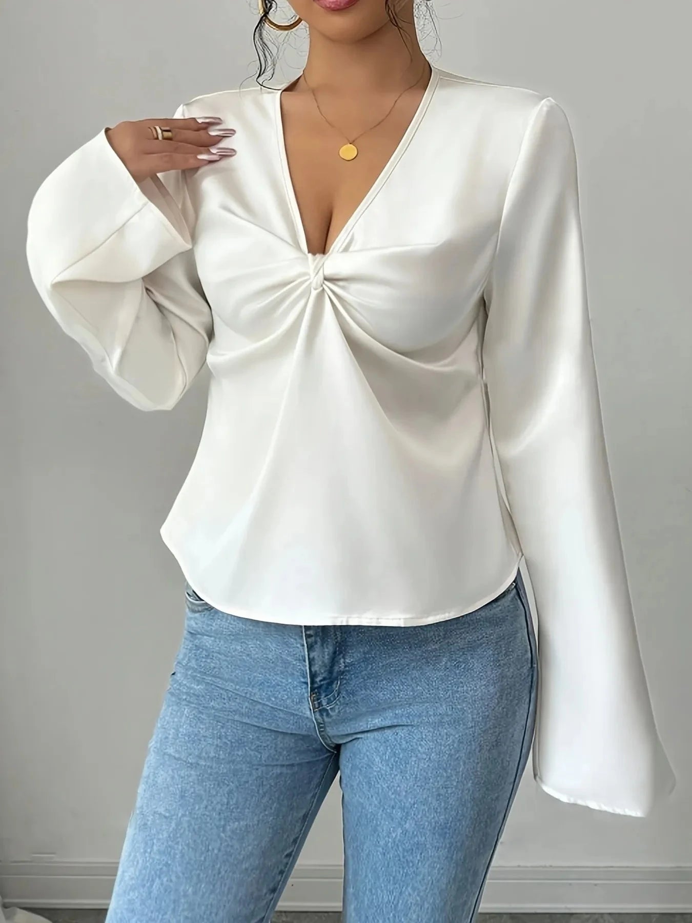 V-Neck Twist Front Long Sleeve Blouse White / S