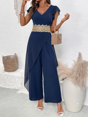 V-Neck Wide Leg Jumpsuit Blue / S