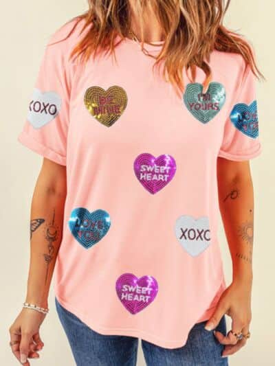 Valentine’s Day Sequin Heart Round Neck Short Sleeve T-Shirt Blush Pink / S