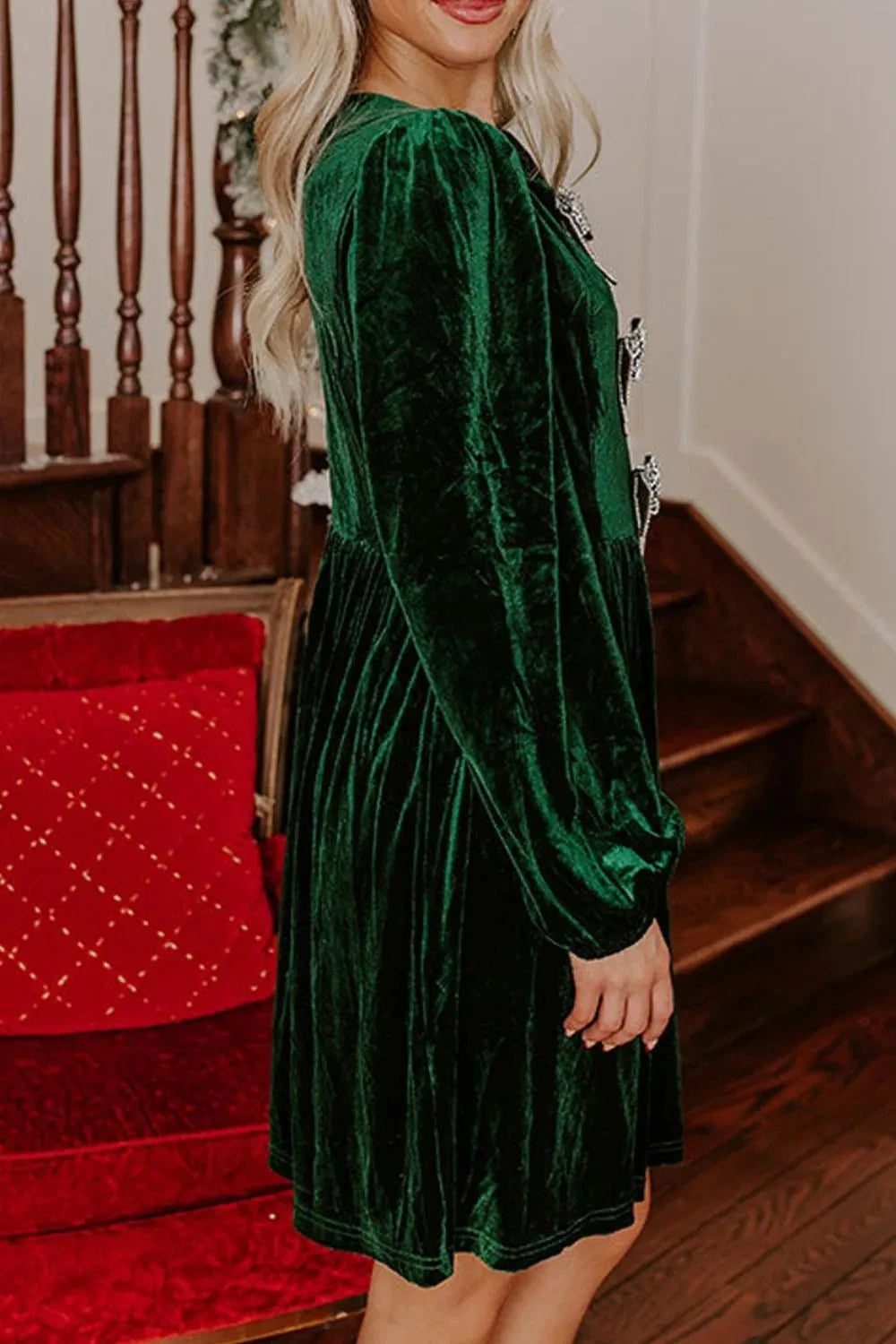 Velvet Bow Front Balloon Sleeve Dress