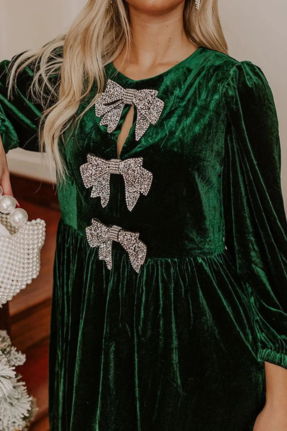Velvet Bow Front Balloon Sleeve Dress