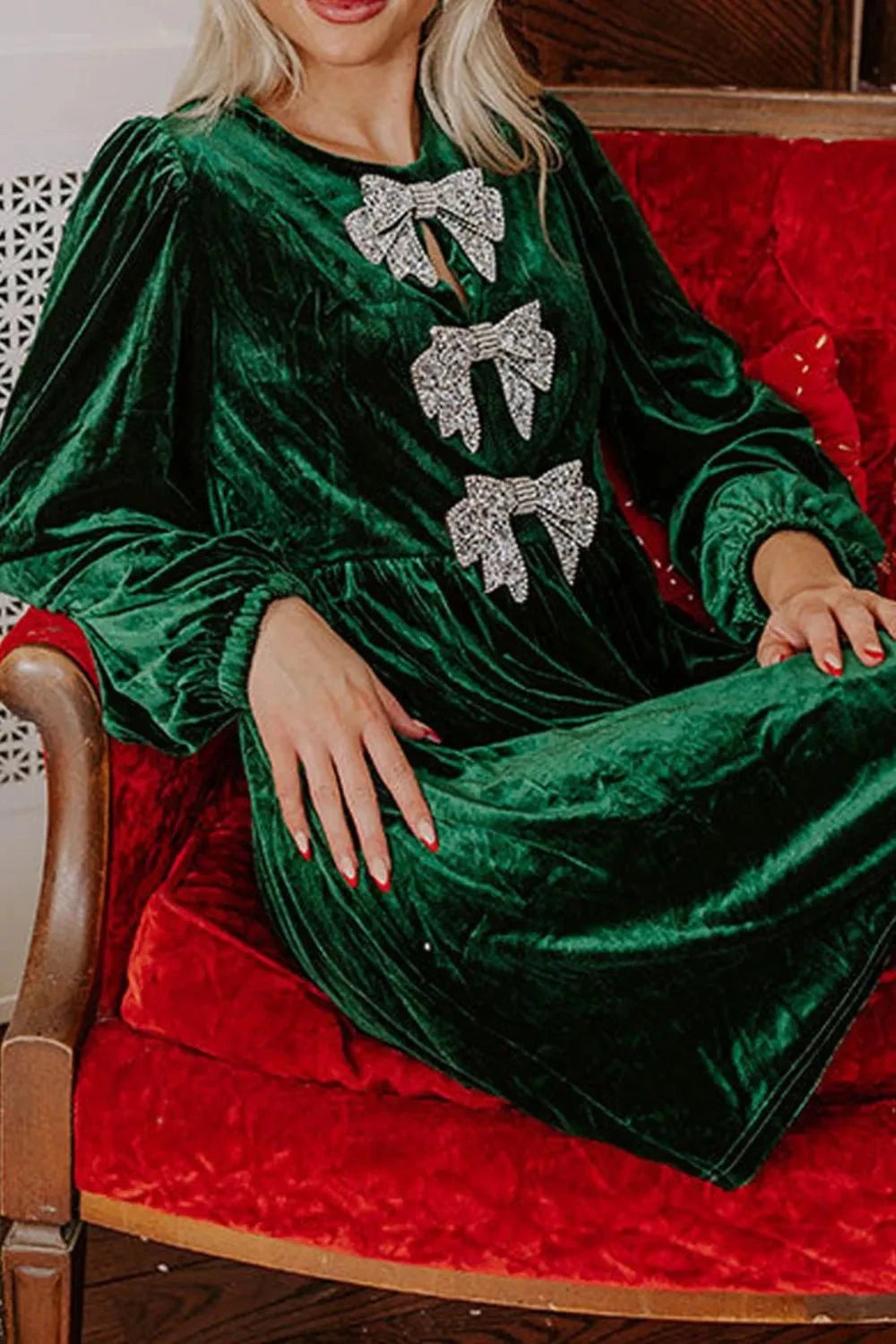 Velvet Bow Front Balloon Sleeve Dress