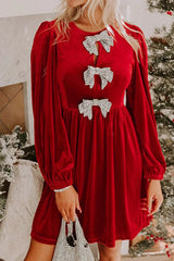 Velvet Bow Front Balloon Sleeve Dress Scarlet / S