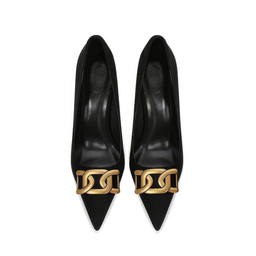 Velvet Pointed Toe Metal Deco Heels