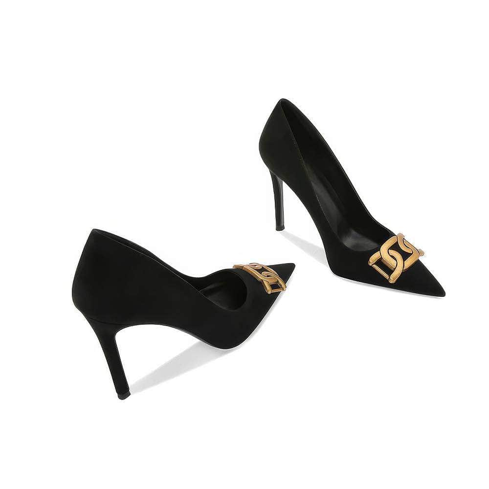 Velvet Pointed Toe Metal Deco Heels