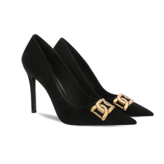 Velvet Pointed Toe Metal Deco Heels EU 33 / Black / 6.5CM