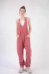 VERY J Plunge Sleeveless Jumpsuit with Pockets Brick / S