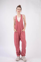 VERY J Plunge Sleeveless Jumpsuit with Pockets Brick / S