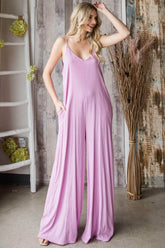 Veveret Pocketed Spaghetti Strap V-Neck Wide Leg Jumpsuit LAVENDER / S