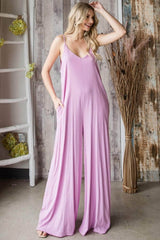 Veveret Pocketed Spaghetti Strap V-Neck Wide Leg Jumpsuit LAVENDER / S