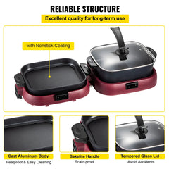 VEVOR 2 in 1 Electric Hot Pot BBQ Grill - 2000W Multifunction, Portable Home Foldable, Non-Stick Split Pot for Smokeless Barbecue