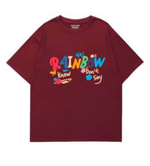 Vibrant "RAINBOW" Text Graphic Tee US 4 / Maroon