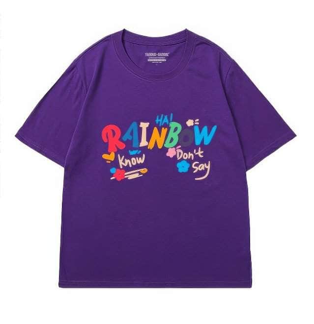 Vibrant "RAINBOW" Text Graphic Tee US 4 / Purple